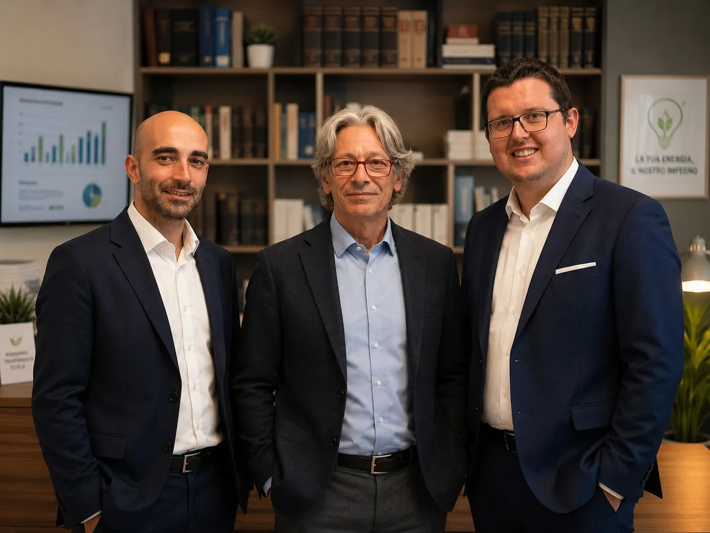 Christopher, Maurizio e Damiano, i tre soci dello studio, nel loro ufficio a Novara